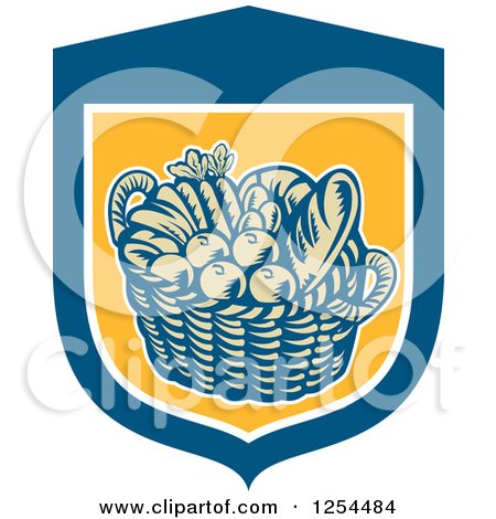 Clipart of a Retro Woodcut Basket of Fruit and Bread in a Blue and Yellow Shield - Royalty Free Vector Illustration by patrimonio