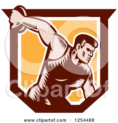 Clipart of a Retro Woodcut Male Discus Thrower in an Orange and Brown Shield - Royalty Free Vector Illustration by patrimonio