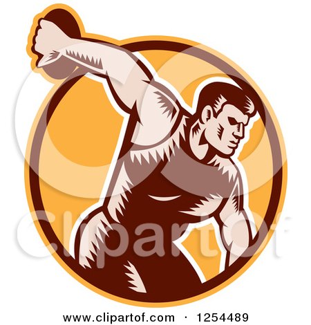 Clipart of a Retro Woodcut Male Discus Thrower in an Orange and Brown Circle - Royalty Free Vector Illustration by patrimonio