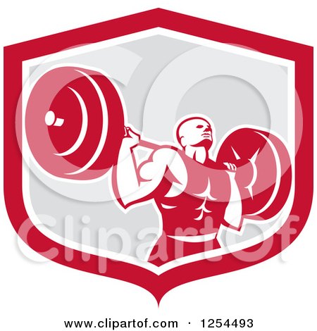 Clipart of a Retro Male Bodybuilder Squatting with a Barbell in a Red and Gray Shield - Royalty Free Vector Illustration by patrimonio