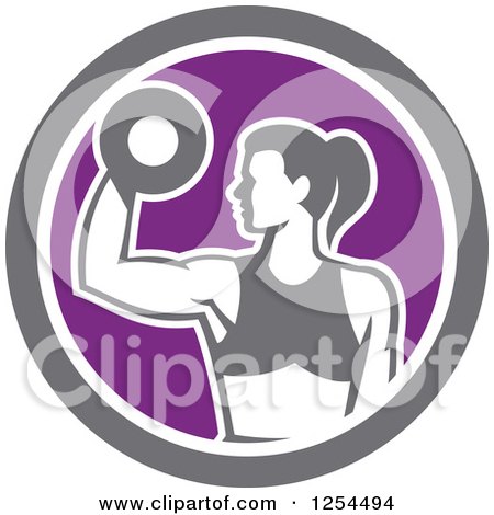 Clipart of a Fit Woman Doing Bicep Curls with a Dumbbell in a White Purple and Gray Circle - Royalty Free Vector Illustration by patrimonio