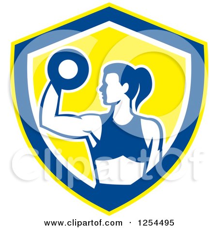 Clipart of a Fit Woman Doing Bicep Curls with a Dumbbell in a White Blue and Yellow Shield - Royalty Free Vector Illustration by patrimonio