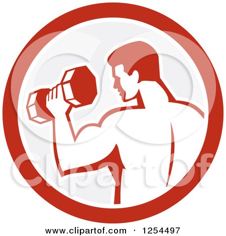 Clipart of a Retro Bodybuilder Doing Bicep Curls with a Dumbbell in a Gray and Red Circle - Royalty Free Vector Illustration by patrimonio