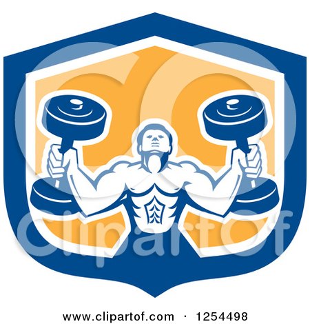 Clipart of a Retro Buff Bodybuilder Lifting Heavy Weights in a Blue and Yellow Shield - Royalty Free Vector Illustration by patrimonio