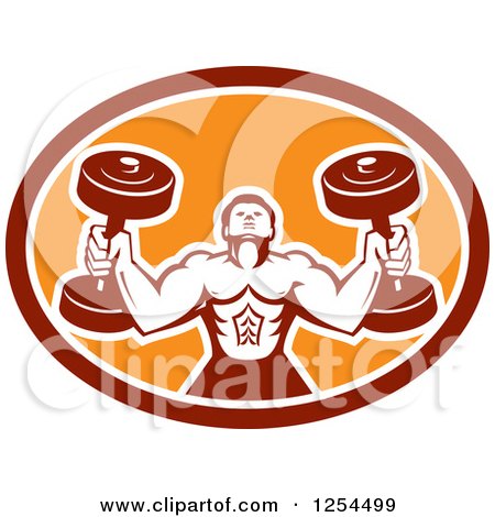 Clipart of a Retro Buff Bodybuilder Lifting Heavy Weights in a Red and Orange Oval Shield - Royalty Free Vector Illustration by patrimonio