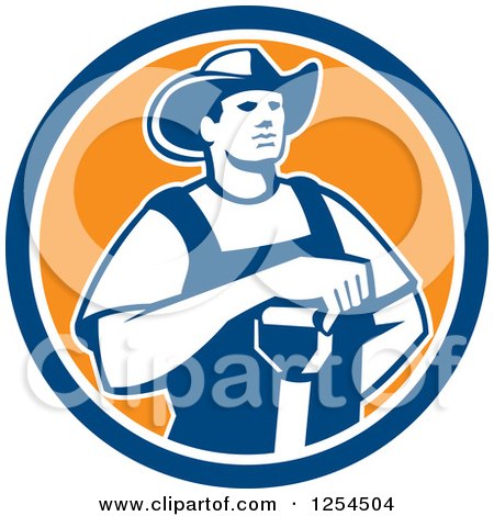Clipart of a Retro Male Farmer Resting an Arm on a Shovel in a Blue and Orange Circle - Royalty Free Vector Illustration by patrimonio