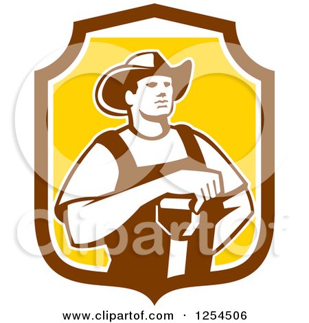 Clipart of a Retro Male Farmer Resting an Arm on a Shovel in a Brown and Yellow Shield - Royalty Free Vector Illustration by patrimonio
