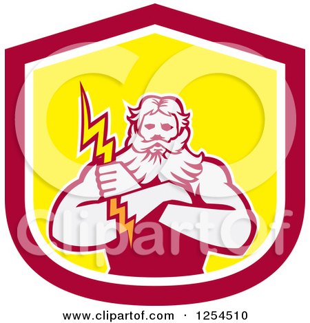 Clipart of a Retro Zeus Holding a Thunder Bolt in a Red and Yellow Shield - Royalty Free Vector Illustration by patrimonio
