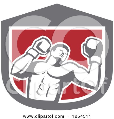 Clipart of a Retro Male Boxer in a Gray White and Red Shield - Royalty Free Vector Illustration by patrimonio