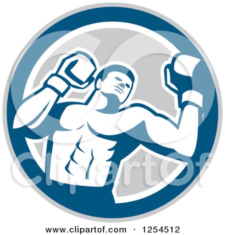 Clipart of a Retro Male Boxer in a Blue Gray and White Circle - Royalty Free Vector Illustration by patrimonio