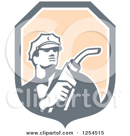 Clipart of a Retro Gas Station Attendant Jockey Holding a Nozzle in a Shield - Royalty Free Vector Illustration by patrimonio