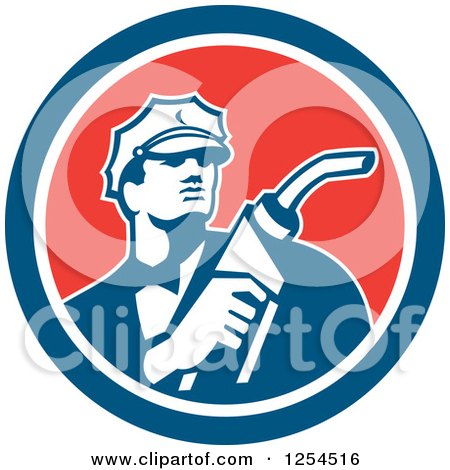 Clipart of a Retro Gas Station Attendant Jockey Holding a Nozzle in a Red White and Blue Circle - Royalty Free Vector Illustration by patrimonio