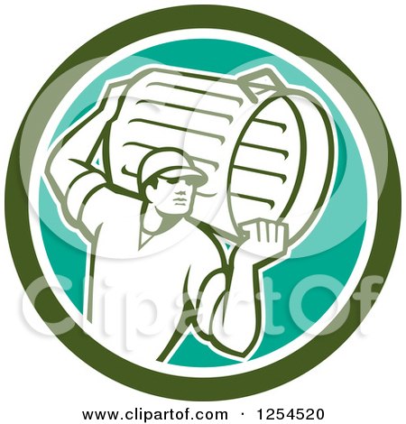 Clipart of a Retro Male Garbage Man Carrying a Can in a Green Circle - Royalty Free Vector Illustration by patrimonio