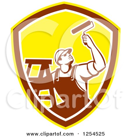 Clipart of a Retro Male Painter with a Ladder and Roller Brush in a Brown and Yellow Shield - Royalty Free Vector Illustration by patrimonio