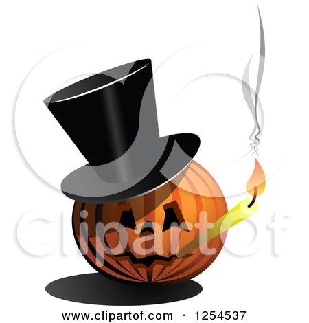 Clipart of a Halloween Jackolantern Pumpkin Wearing a Top Hat and Smoking a Candle - Royalty Free Vector Illustration by Vector Tradition SM