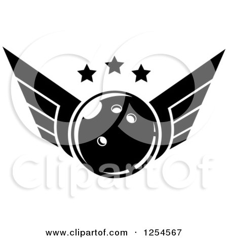 Clipart of a Black and White Retro Winged Bowling Ball with Stars - Royalty Free Vector Illustration by Vector Tradition SM