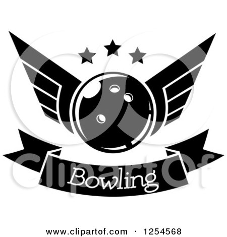 Clipart of a Black and White Retro Winged Bowling Ball with Stars over a Banner - Royalty Free Vector Illustration by Vector Tradition SM