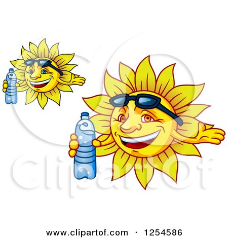 Clipart of Happy Suns with Sunglasses and Water Bottles - Royalty Free Vector Illustration by Vector Tradition SM