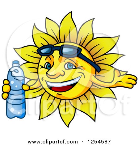 Clipart of a Happy Sun with Sunglasses and a Water Bottle - Royalty Free Vector Illustration by Vector Tradition SM