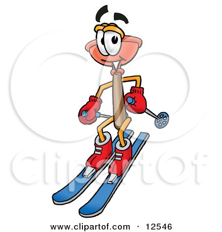 Clipart Picture of a Sink Plunger Mascot Cartoon Character Skiing Downhill by Mascot Junction