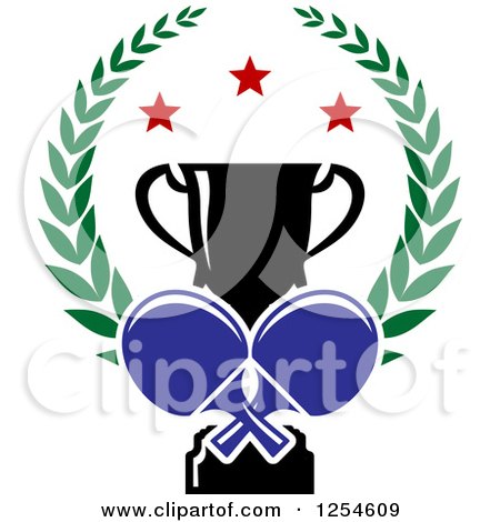 Clipart of a Ping Pong Table Tennis Paddles and a Trophy in a Laurel Wreath - Royalty Free Vector Illustration by Vector Tradition SM