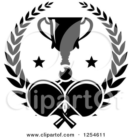 Clipart of a Black and White Ping Pong Ball, Table Tennis Paddles and a Trophy in a Laurel Wreath - Royalty Free Vector Illustration by Vector Tradition SM