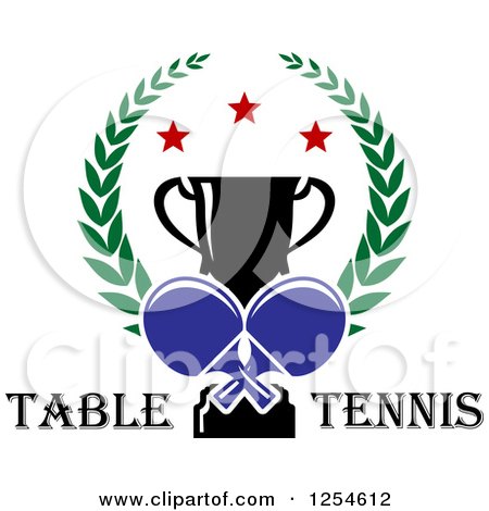 Clipart of a Ping Pong Ball, Table Tennis Paddles and a Trophy in a Laurel Wreath over Text - Royalty Free Vector Illustration by Vector Tradition SM
