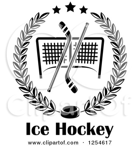 Clipart of Black and White Ice Hockey Sticks and a Puck over a Goal and Text in a Laurel Wreath - Royalty Free Vector Illustration by Vector Tradition SM