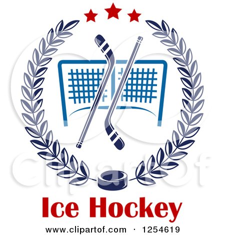 Clipart of Ice Hockey Sticks and a Puck over a Goal and Text in a Laurel Wreath - Royalty Free Vector Illustration by Vector Tradition SM