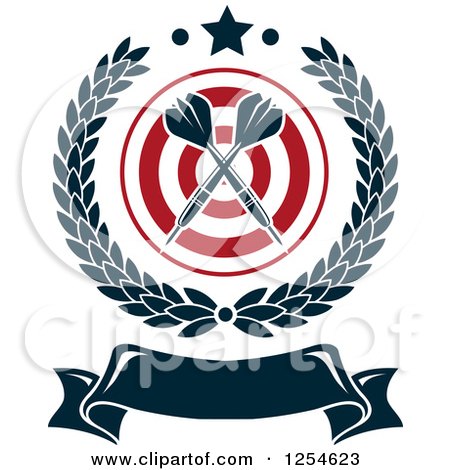 Clipart of Crossed Darts in a Laurel Wreath over a Target with Banner and a Star - Royalty Free Vector Illustration by Vector Tradition SM