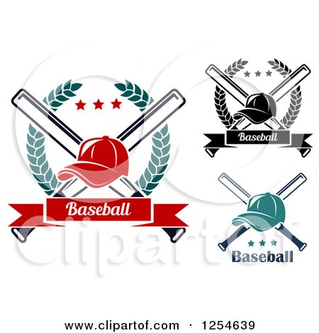 Clipart of Baseball Caps over Crossed Bats in Laurel Wreaths with Banners - Royalty Free Vector Illustration by Vector Tradition SM