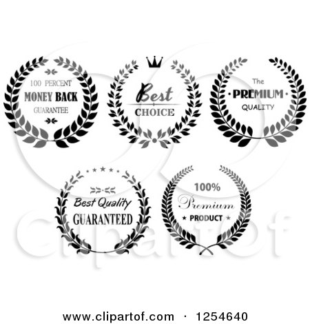 Clipart of Black and White Guarantee Laurel Wreath Labels - Royalty Free Vector Illustration by Vector Tradition SM