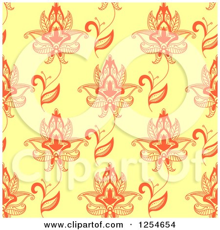 Clipart of a Seamless Pattern Background of Red Henna Flowers on Yellow - Royalty Free Vector Illustration by Vector Tradition SM