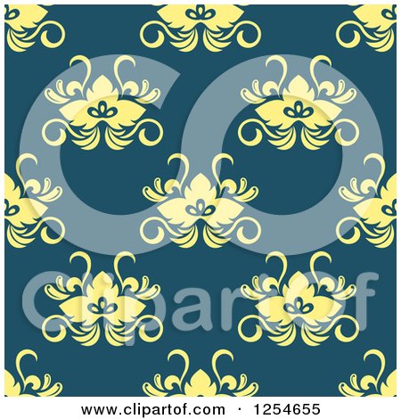 Clipart of a Seamless Pattern Background of Yellow Flowers on Blue - Royalty Free Vector Illustration by Vector Tradition SM