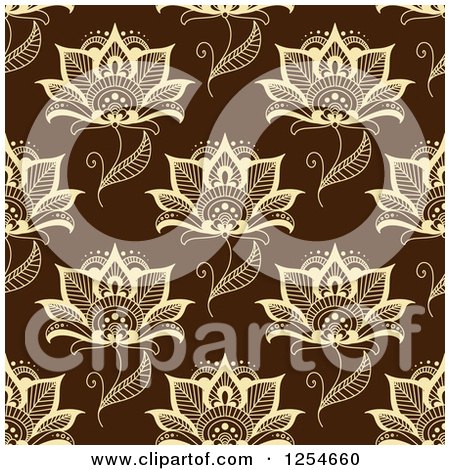 Clipart of a Seamless Pattern Background of Tan Henna Flowers on Brown - Royalty Free Vector Illustration by Vector Tradition SM
