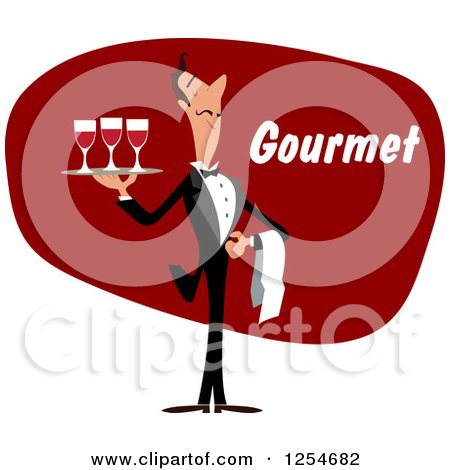 Clipart of a Waiter with Wine and Gourmet Text - Royalty Free Vector Illustration by Vector Tradition SM