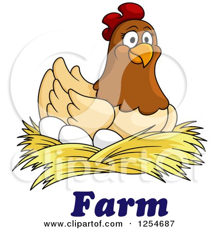 Clipart of a Happy Hen Nesting on Eggs over Farm Text - Royalty Free Vector Illustration by Vector Tradition SM