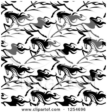 Clipart of a Seamless Pattern Background of Black and White Running Horses - Royalty Free Vector Illustration by Vector Tradition SM