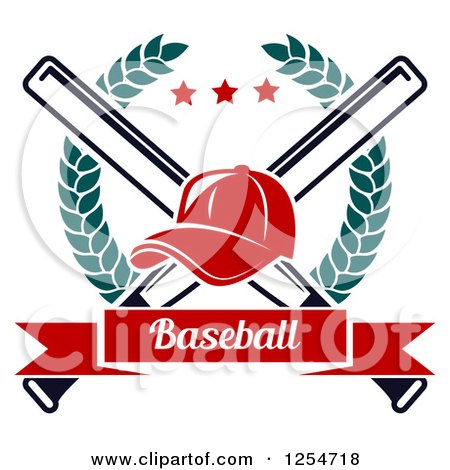 Clipart of a Red Baseball Cap over Crossed Bats in a Laurel Wreath with a Banner - Royalty Free Vector Illustration by Vector Tradition SM
