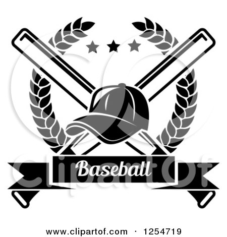 Clipart of a Black and White Baseball Cap over Crossed Bats in a Laurel Wreath with a Banner - Royalty Free Vector Illustration by Vector Tradition SM