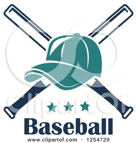 Clipart of a Turquoise Baseball Cap over Crossed Bats over Stars and Text - Royalty Free Vector Illustration by Vector Tradition SM