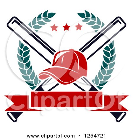 Clipart of a Red Baseball Cap over Crossed Bats in a Laurel Wreath with a Blank Banner - Royalty Free Vector Illustration by Vector Tradition SM