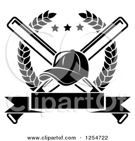 Clipart of a Black and White Baseball Cap over Crossed Bats in a Laurel Wreath with a Blank Banner - Royalty Free Vector Illustration by Vector Tradition SM