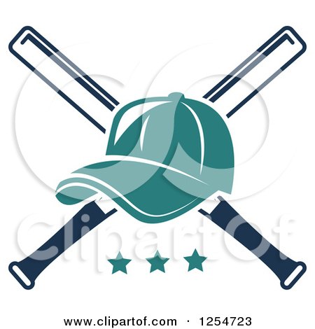 Clipart of a Turquoise Baseball Cap over Crossed Bats over Stars - Royalty Free Vector Illustration by Vector Tradition SM