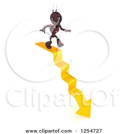 Clipart of a 3d Red Android Robot Walking down Arrow Steps - Royalty Free Illustration by KJ Pargeter