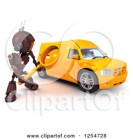 Clipart of a 3d Red Android Robot Inspecting a Van - Royalty Free Illustration by KJ Pargeter