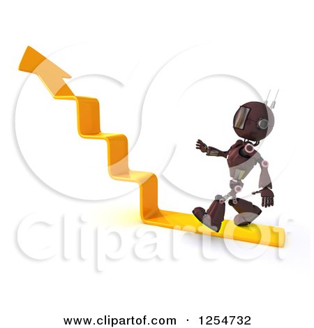 Clipart of a 3d Red Android Robot Walking up Arrow Steps - Royalty Free Illustration by KJ Pargeter