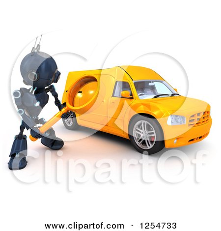 Clipart of a 3d Blue Android Robot Inspecting a Van - Royalty Free Illustration by KJ Pargeter