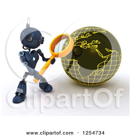 Clipart of a 3d Blue Android Robot Searching a Globe - Royalty Free Illustration by KJ Pargeter