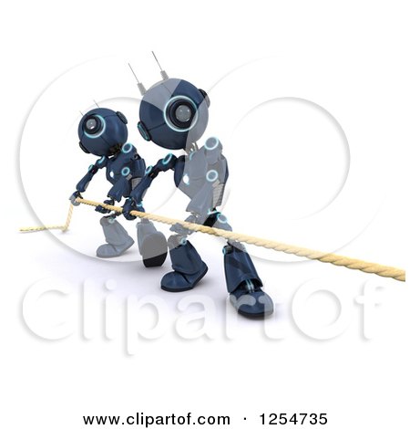 Clipart of 3d Blue Android Robots Engaged in Tug of War - Royalty Free Illustration by KJ Pargeter